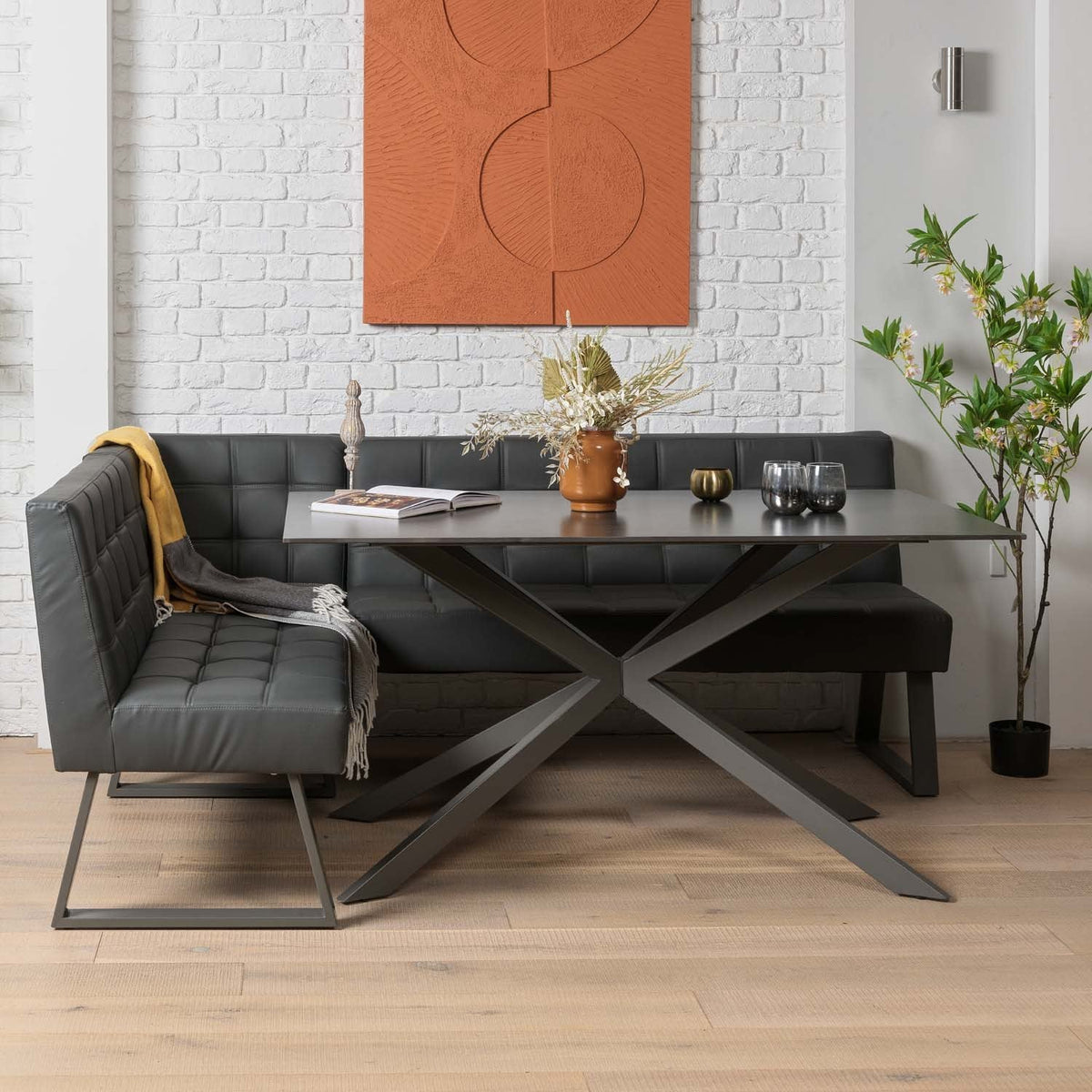 Saturn 150cm Dining Table Dark Grey & Rubix Corner Bench in Grey