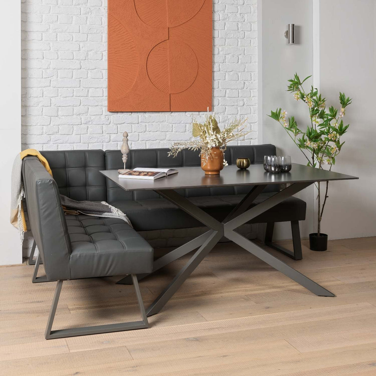 Saturn 150cm Dining Table Dark Grey & Rubix Corner Bench in Grey