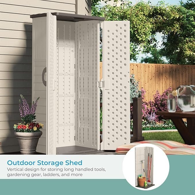 Suncast Vertical Outdoor Storage Shed with All-Weather Construction, Vanilla