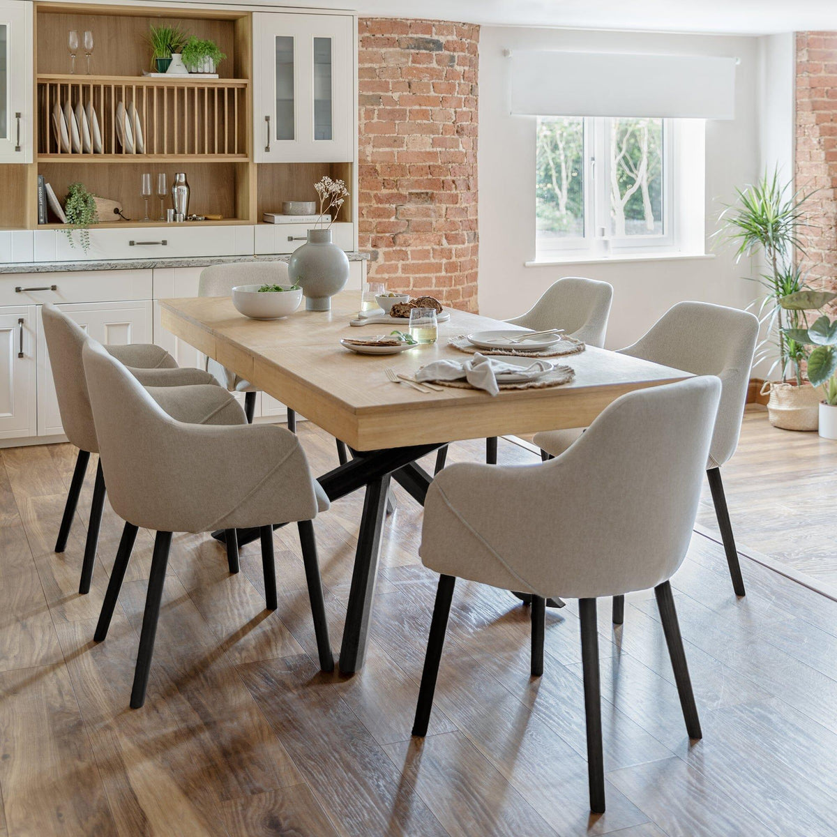 Amelia Whitewash Extendable Dining Table Set - 6 Seater - Freya Sand Carver Chairs - Black Legs