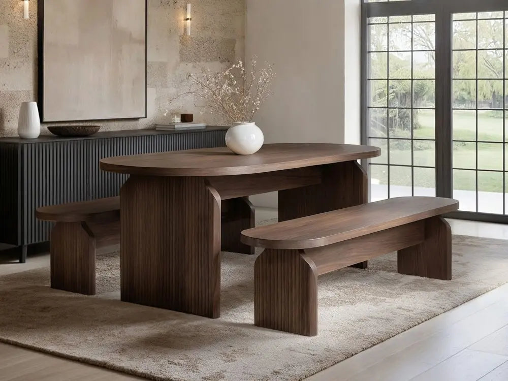 SOLACE+CO Varm Ribbed Oval Dining Table & 2 Bench Set Oak